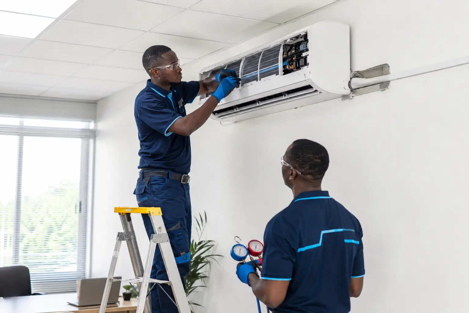 Air-conditioning technicians servicing a split air-conditioning unit