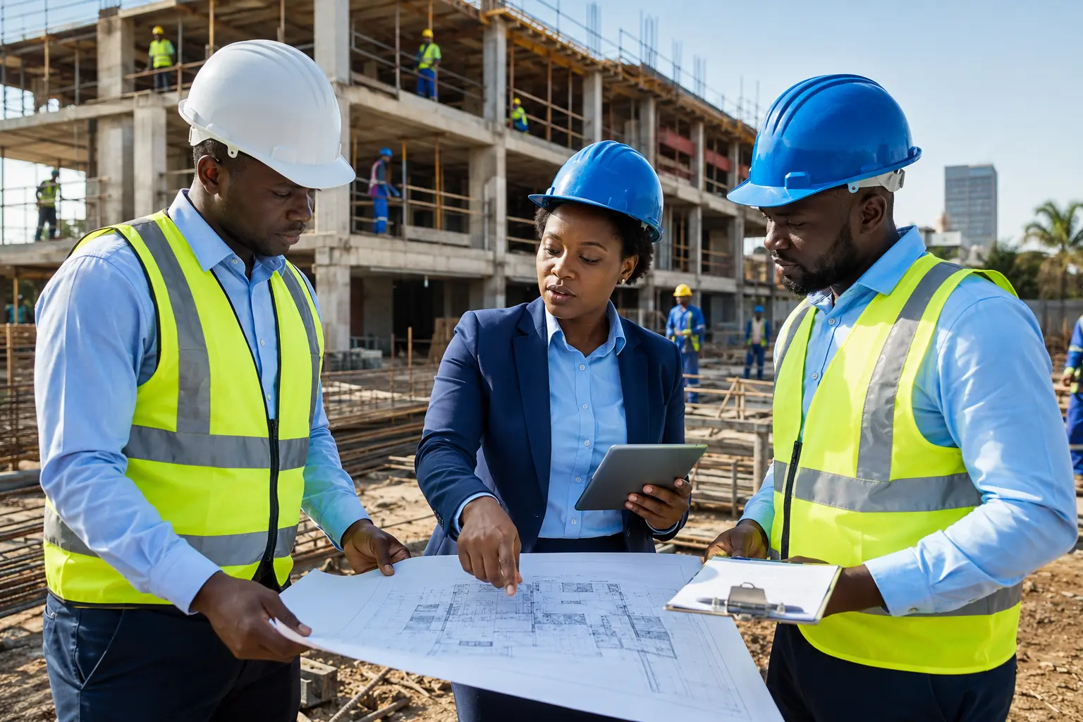 Project managers reviewing plans at a construction site