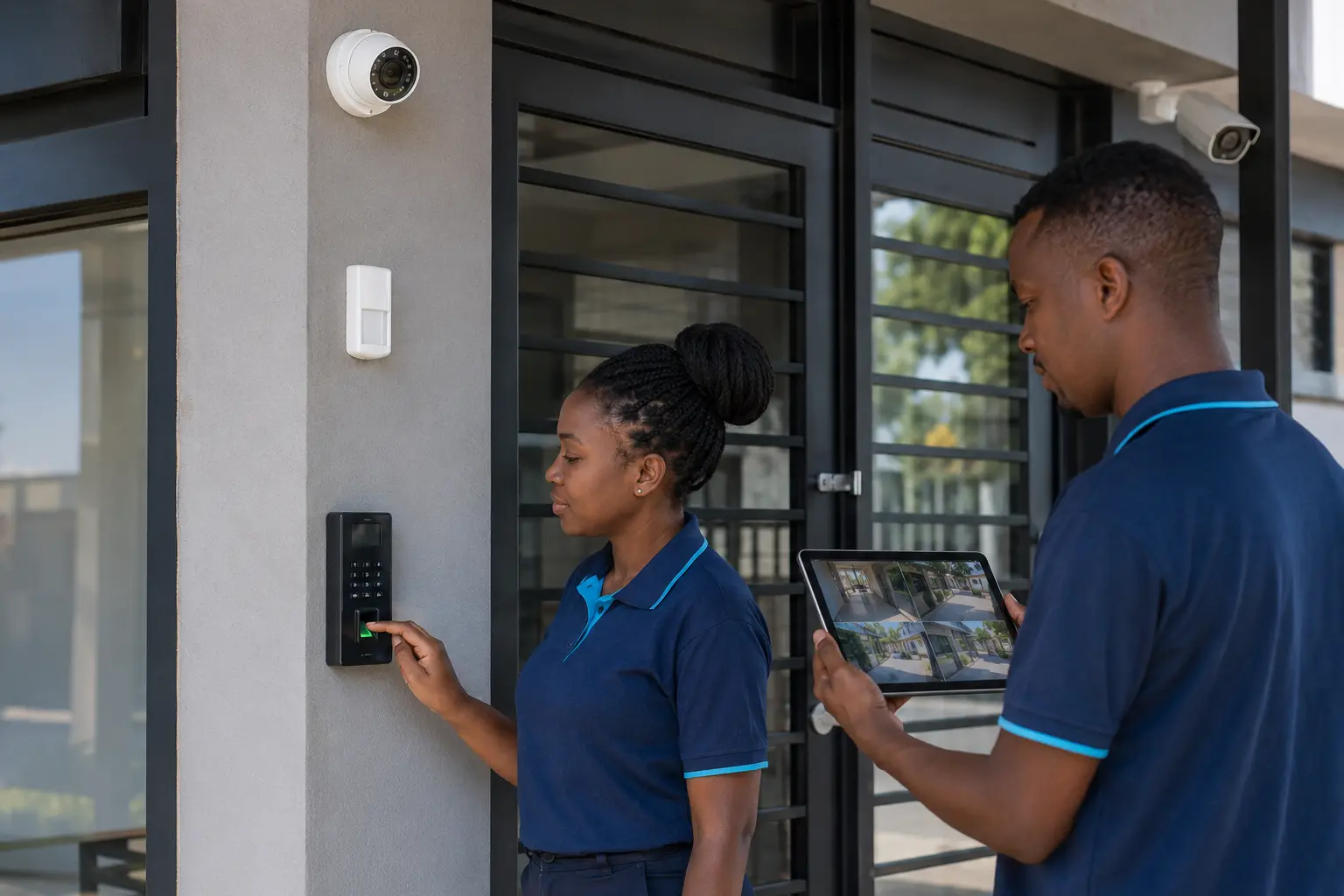 Security technicians testing CCTV and access-control systems